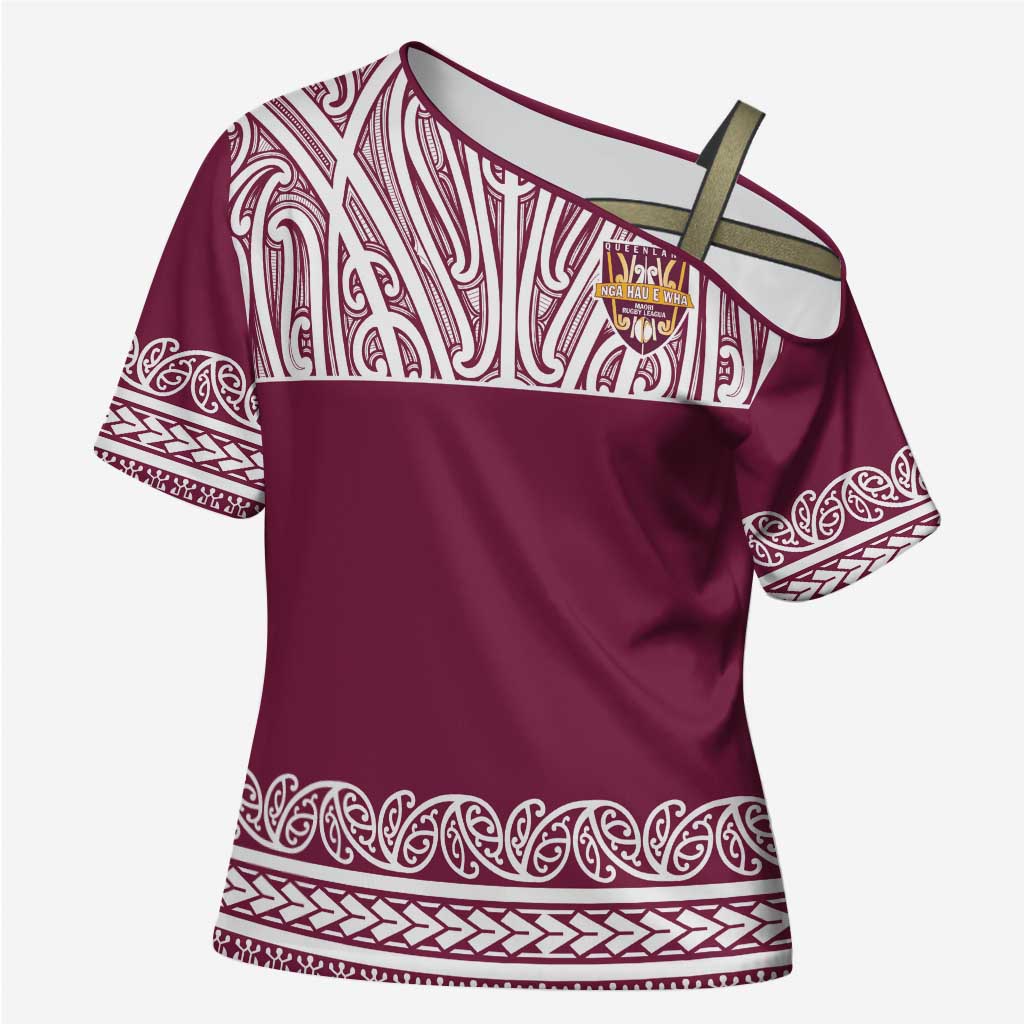 Queensland Maori Nga Hau E Wha Custom Cross Shoulder Shirt Polynesian Maori Tribal Pattern - Polynesian Pride