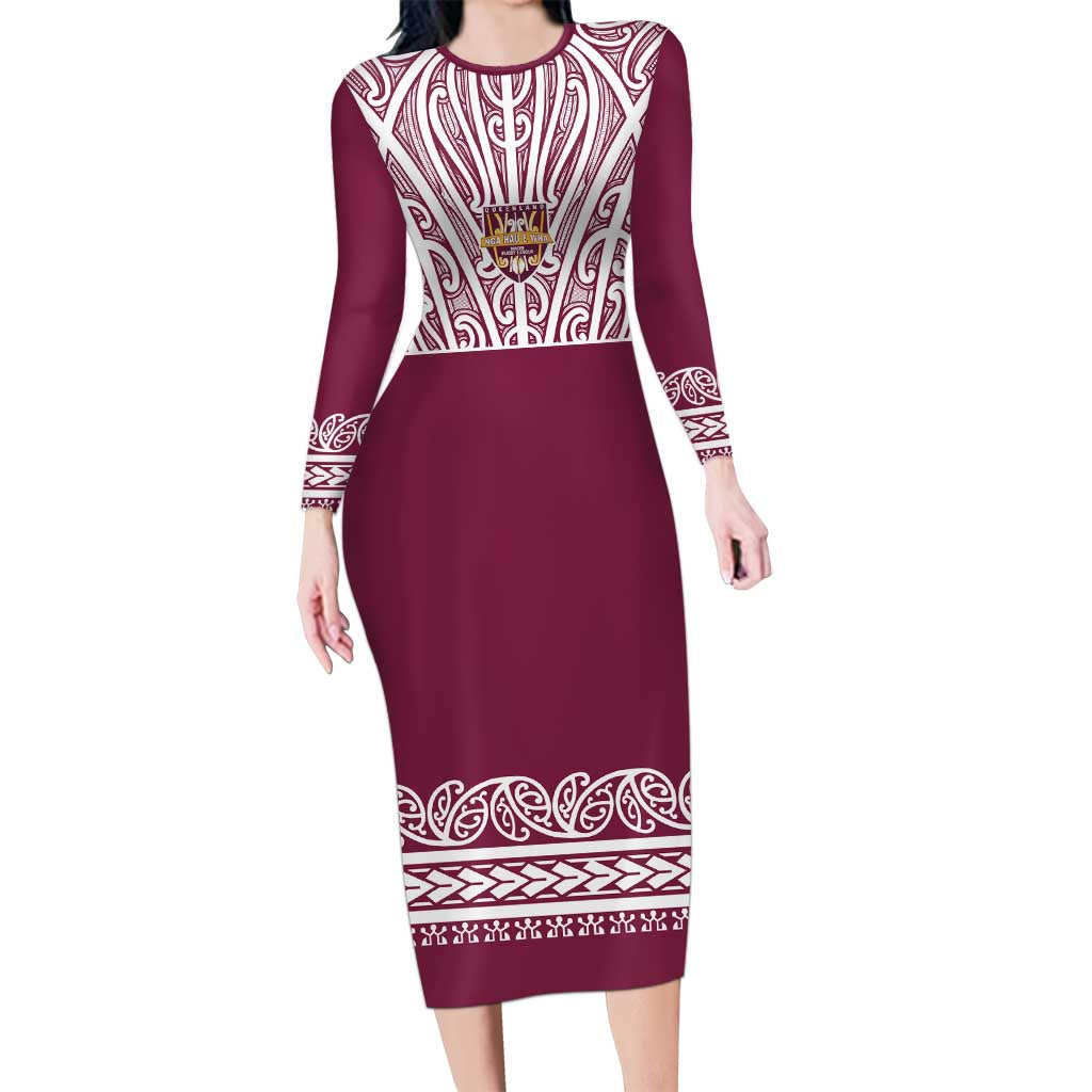 Queensland Maori Nga Hau E Wha Custom Family Matching Long Sleeve Bodycon Dress and Hawaiian Shirt Polynesian Maori Tribal Pattern LT9 Mom's Dress Maroon - Polynesian Pride