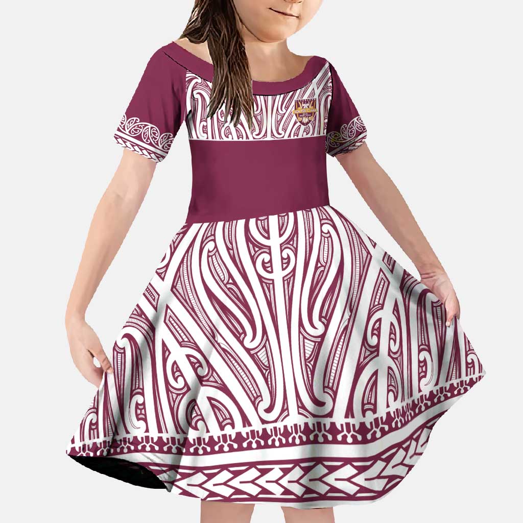 Queensland Maori Nga Hau E Wha Custom Family Matching Mermaid Dress and Hawaiian Shirt Polynesian Maori Tribal Pattern LT9 Daughter's Dress Maroon - Polynesian Pride