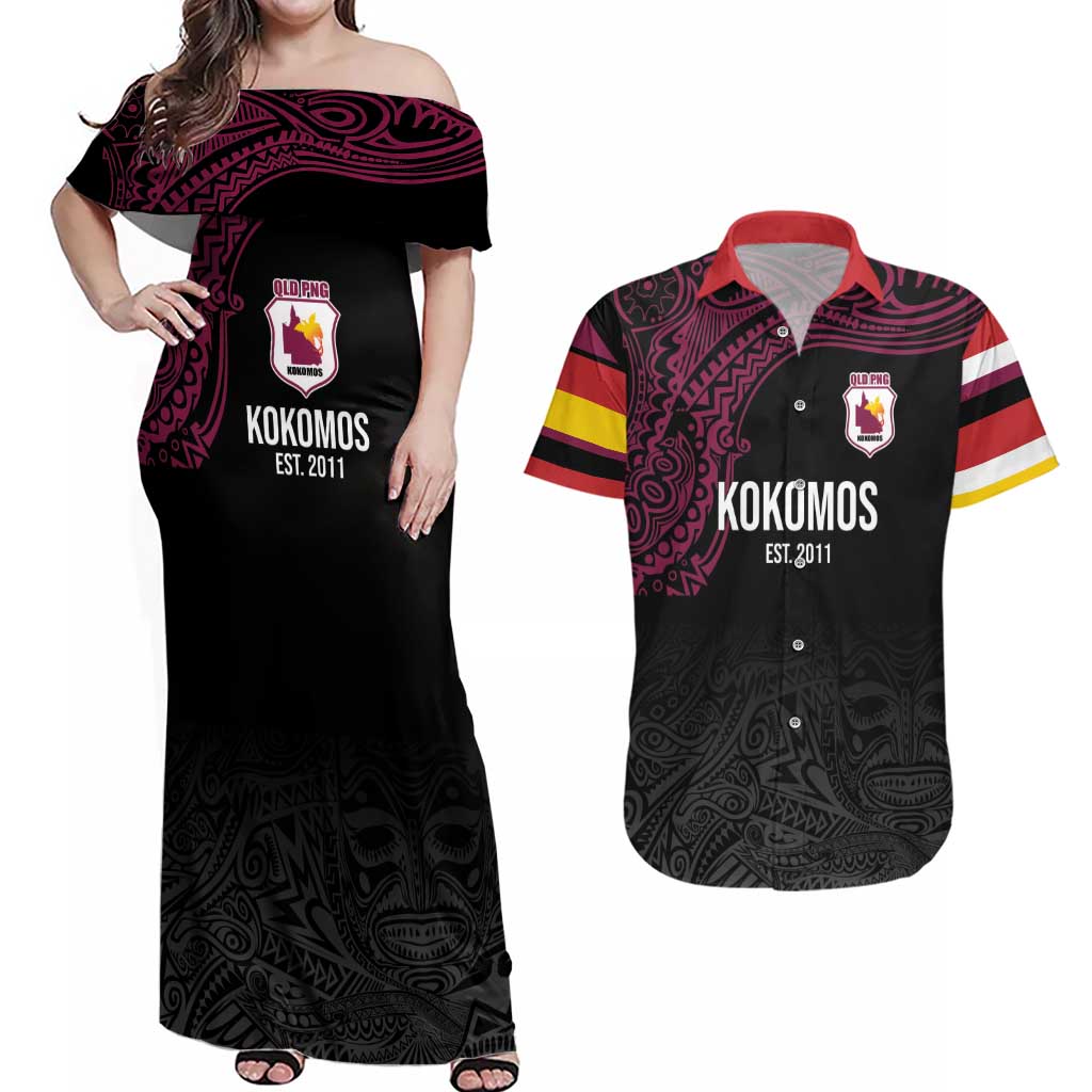 Queensland Papua New Guinea Custom Couples Matching Off Shoulder Maxi Dress and Hawaiian Shirt All Black Pacific PNG Tribal Style LT9 Black - Polynesian Pride