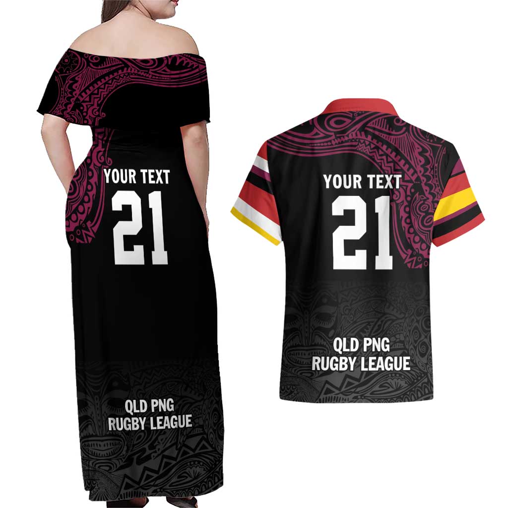 Queensland Papua New Guinea Custom Couples Matching Off Shoulder Maxi Dress and Hawaiian Shirt All Black Pacific PNG Tribal Style LT9 - Polynesian Pride