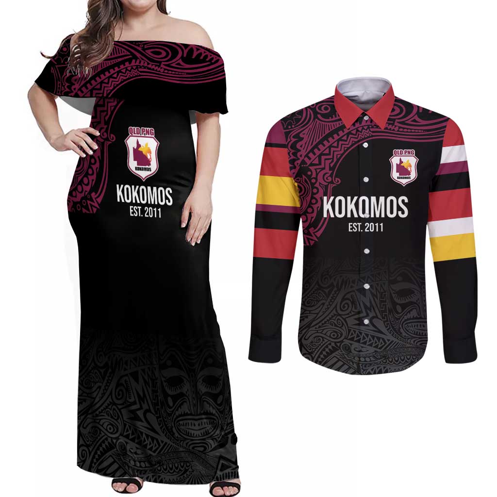 Queensland Papua New Guinea Custom Couples Matching Off Shoulder Maxi Dress and Long Sleeve Button Shirt All Black Pacific PNG Tribal Style LT9 Black - Polynesian Pride