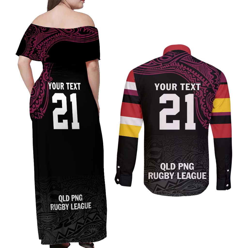 Queensland Papua New Guinea Custom Couples Matching Off Shoulder Maxi Dress and Long Sleeve Button Shirt All Black Pacific PNG Tribal Style LT9 - Polynesian Pride
