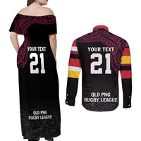 Queensland Papua New Guinea Custom Couples Matching Off Shoulder Maxi Dress and Long Sleeve Button Shirt All Black Pacific PNG Tribal Style LT9 - Polynesian Pride
