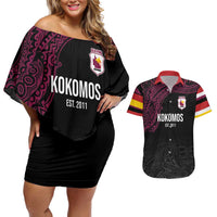Queensland Papua New Guinea Custom Couples Matching Off Shoulder Short Dress and Hawaiian Shirt All Black Pacific PNG Tribal Style LT9 Black - Polynesian Pride