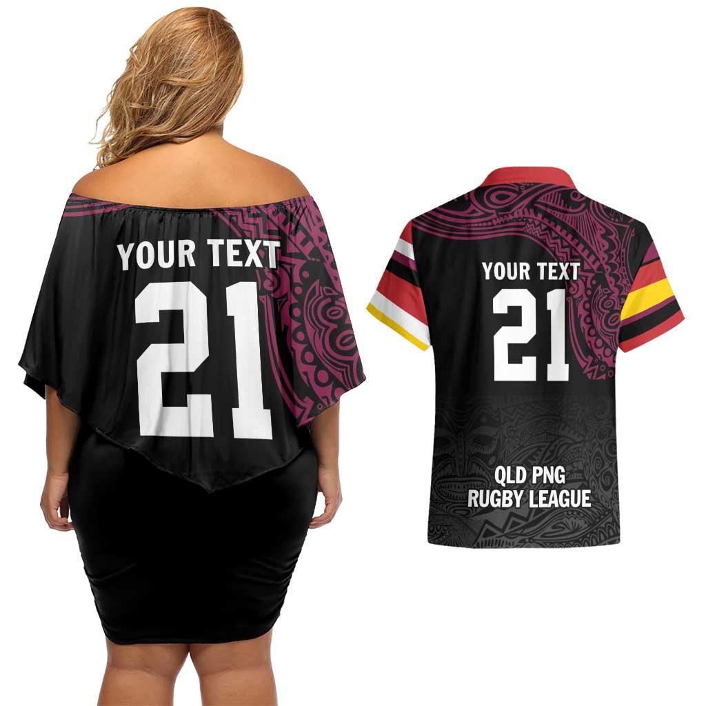 Queensland Papua New Guinea Custom Couples Matching Off Shoulder Short Dress and Hawaiian Shirt All Black Pacific PNG Tribal Style LT9 - Polynesian Pride