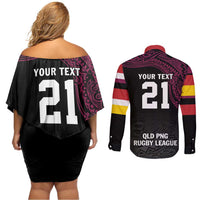 Queensland Papua New Guinea Custom Couples Matching Off Shoulder Short Dress and Long Sleeve Button Shirt All Black Pacific PNG Tribal Style LT9 - Polynesian Pride