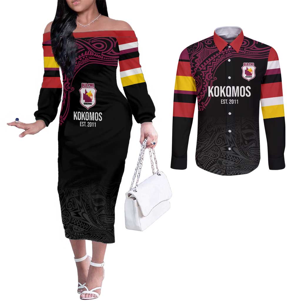 Queensland Papua New Guinea Custom Couples Matching Off The Shoulder Long Sleeve Dress and Long Sleeve Button Shirt All Black Pacific PNG Tribal Style
