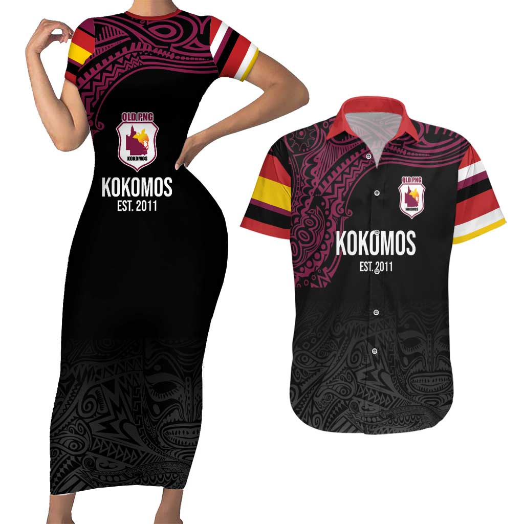 Queensland Papua New Guinea Custom Couples Matching Short Sleeve Bodycon Dress and Hawaiian Shirt All Black Pacific PNG Tribal Style