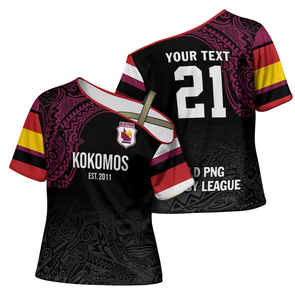 Queensland Papua New Guinea Custom Cross Shoulder Shirt All Black Pacific PNG Tribal Style - Polynesian Pride