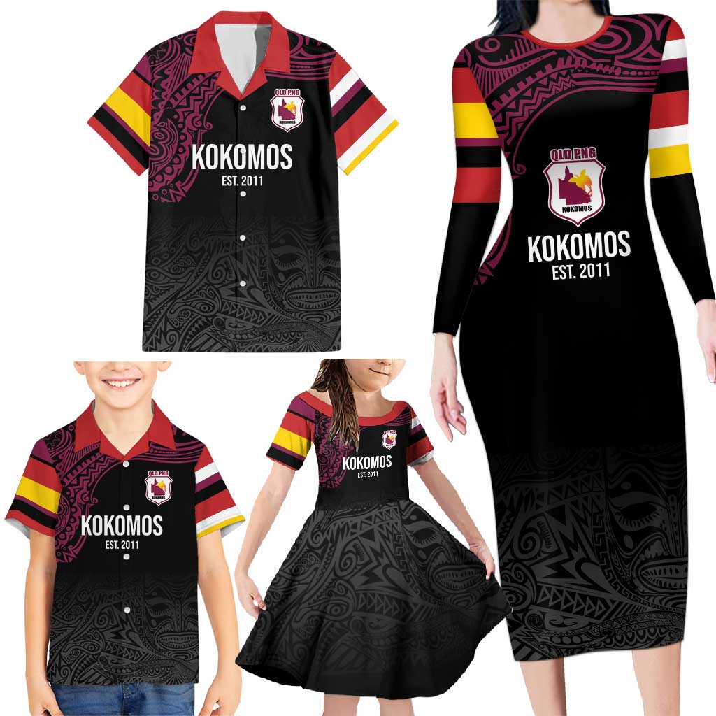Queensland Papua New Guinea Custom Family Matching Long Sleeve Bodycon Dress and Hawaiian Shirt All Black Pacific PNG Tribal Style LT9 - Polynesian Pride