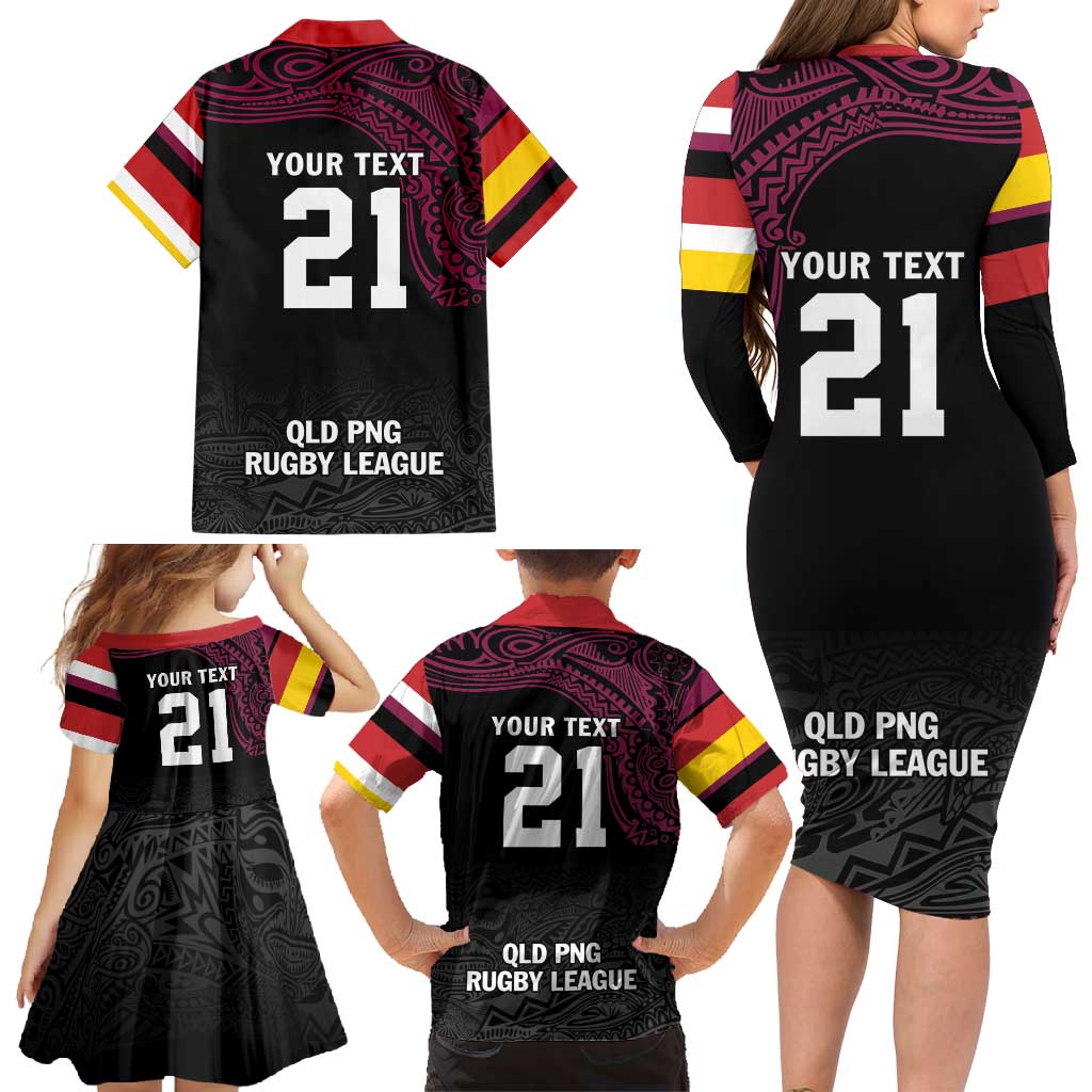 Queensland Papua New Guinea Custom Family Matching Long Sleeve Bodycon Dress and Hawaiian Shirt All Black Pacific PNG Tribal Style LT9 - Polynesian Pride
