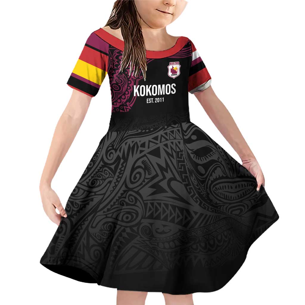 Queensland Papua New Guinea Custom Family Matching Off Shoulder Short Dress and Hawaiian Shirt All Black Pacific PNG Tribal Style LT9 Daughter's Dress Black - Polynesian Pride