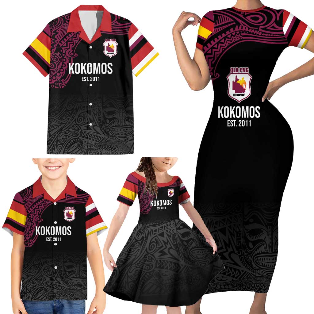 Queensland Papua New Guinea Custom Family Matching Short Sleeve Bodycon Dress and Hawaiian Shirt All Black Pacific PNG Tribal Style LT9 - Polynesian Pride