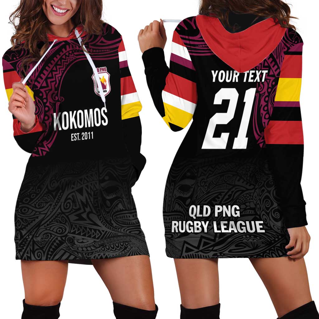 Queensland Papua New Guinea Custom Hoodie Dress All Black Pacific PNG Tribal Style LT9 - Polynesian Pride