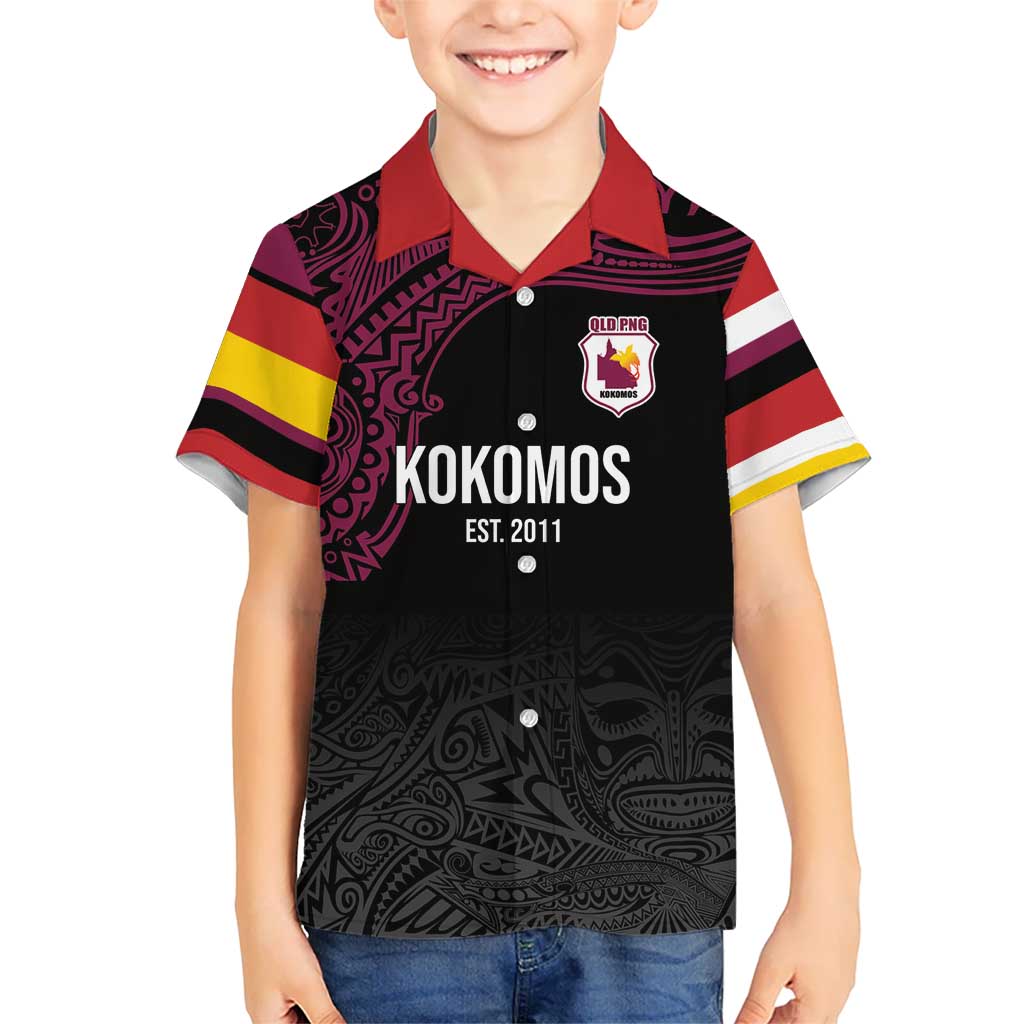 Queensland Papua New Guinea Custom Kid Hawaiian Shirt All Black Pacific PNG Tribal Style