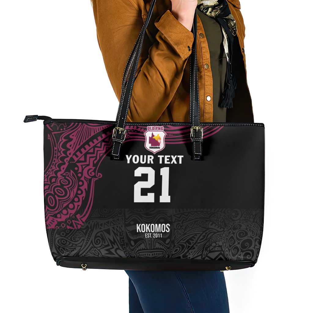 Queensland Papua New Guinea Custom Leather Tote Bag All Black Pacific PNG Tribal Style