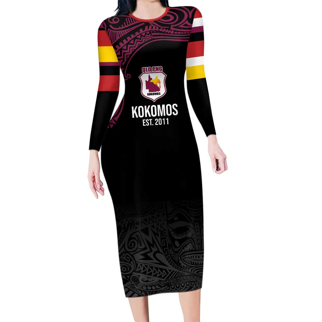 Queensland Papua New Guinea Custom Long Sleeve Bodycon Dress All Black Pacific PNG Tribal Style LT9 Long Dress Black - Polynesian Pride