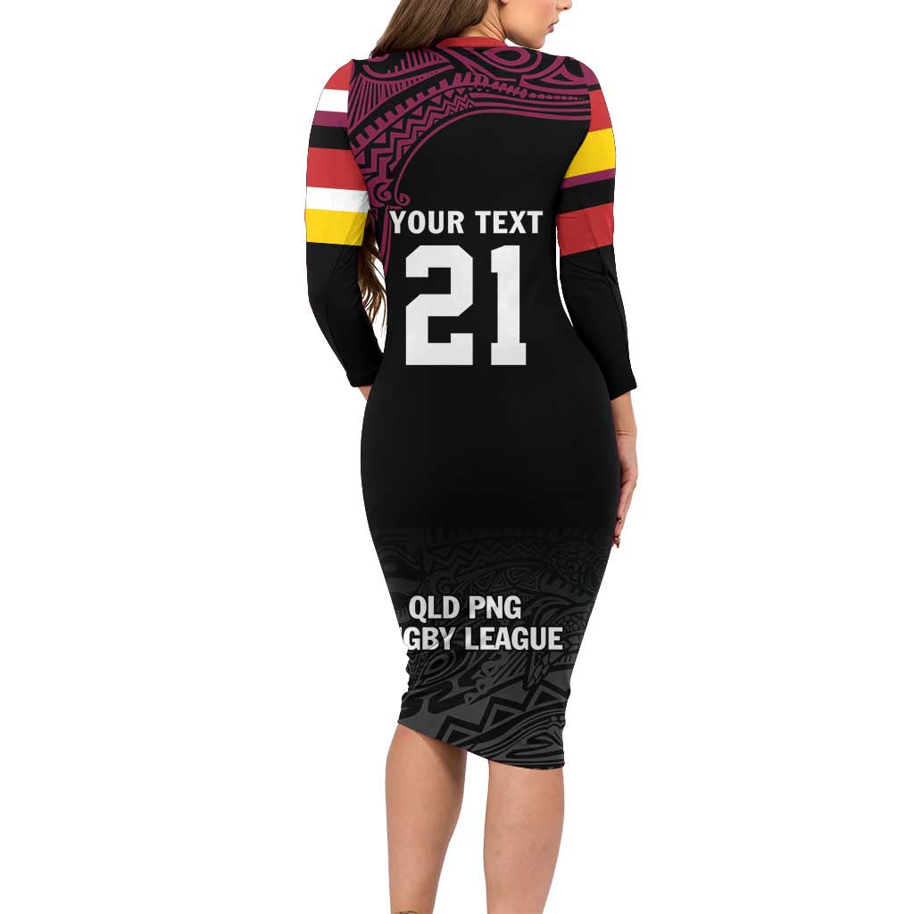 Queensland Papua New Guinea Custom Long Sleeve Bodycon Dress All Black Pacific PNG Tribal Style LT9 - Polynesian Pride