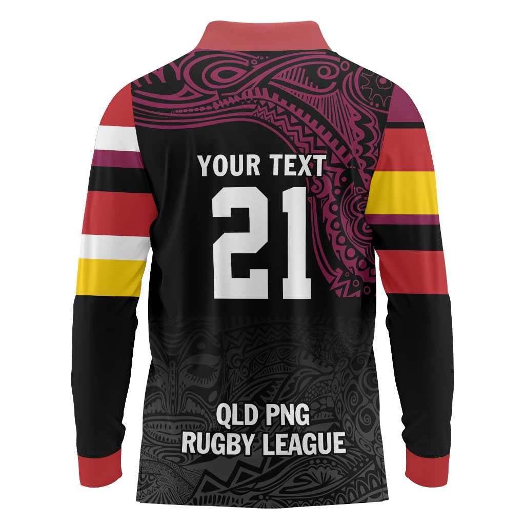 Queensland Papua New Guinea Custom Long Sleeve Polo Shirt All Black Pacific PNG Tribal Style