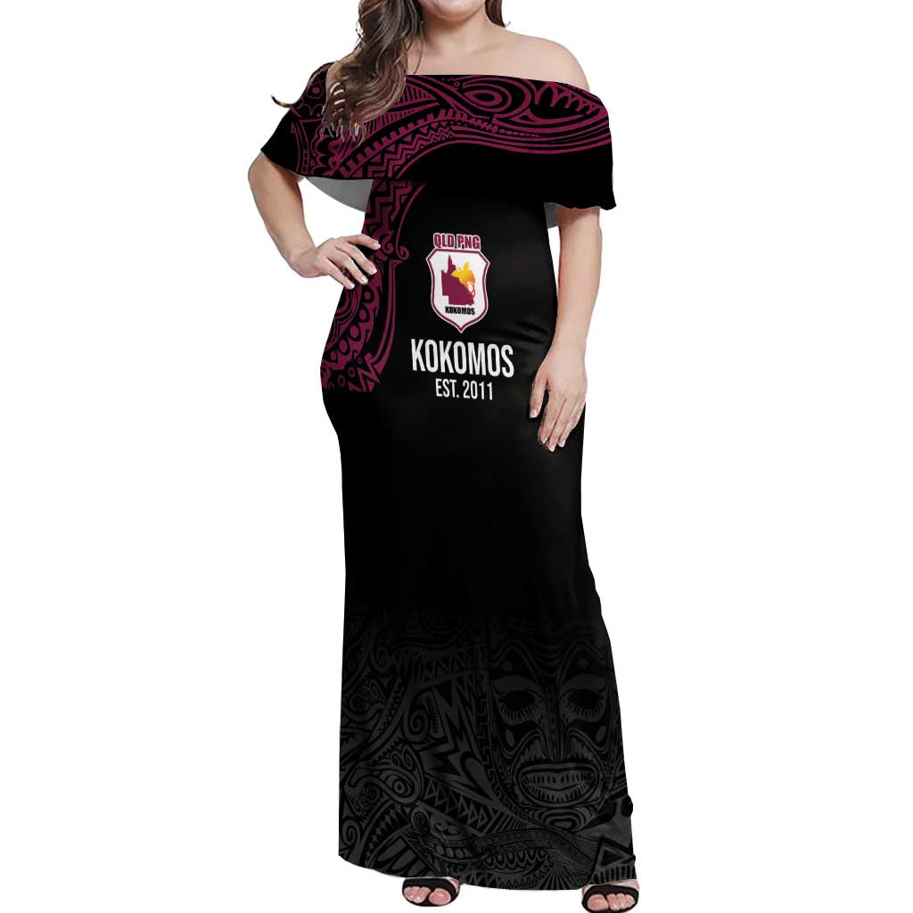 Queensland Papua New Guinea Custom Off Shoulder Maxi Dress All Black Pacific PNG Tribal Style
