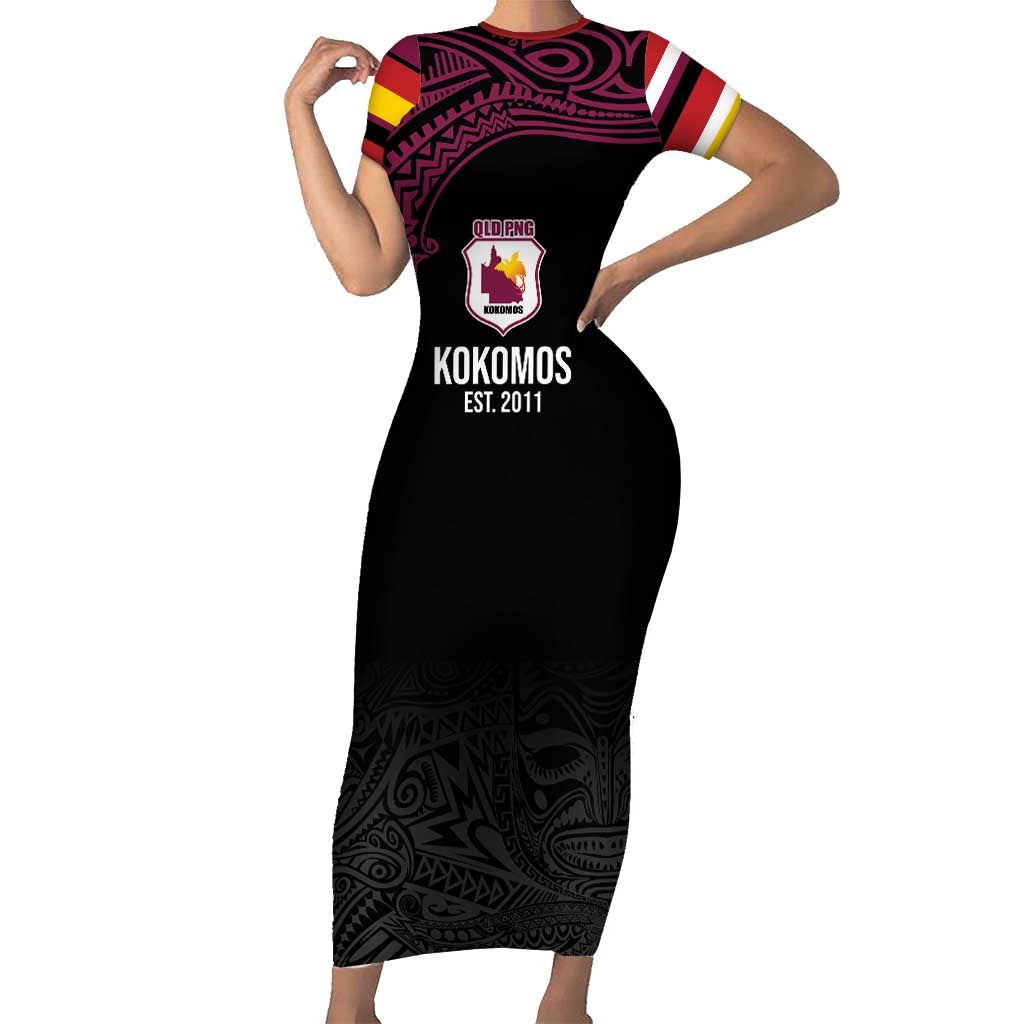Queensland Papua New Guinea Custom Short Sleeve Bodycon Dress All Black Pacific PNG Tribal Style LT9 Long Dress Black - Polynesian Pride