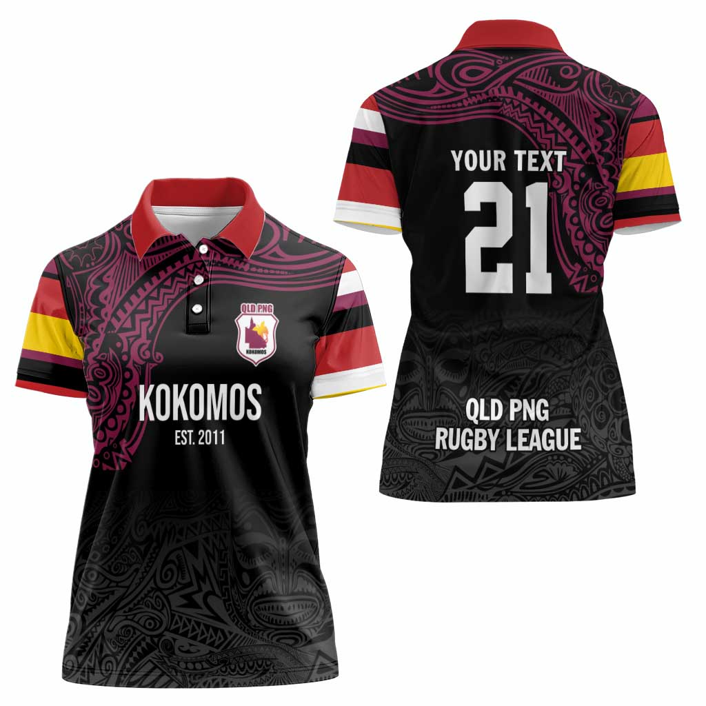 Queensland Papua New Guinea Custom Women Polo Shirt All Black Pacific PNG Tribal Style LT9 - Polynesian Pride