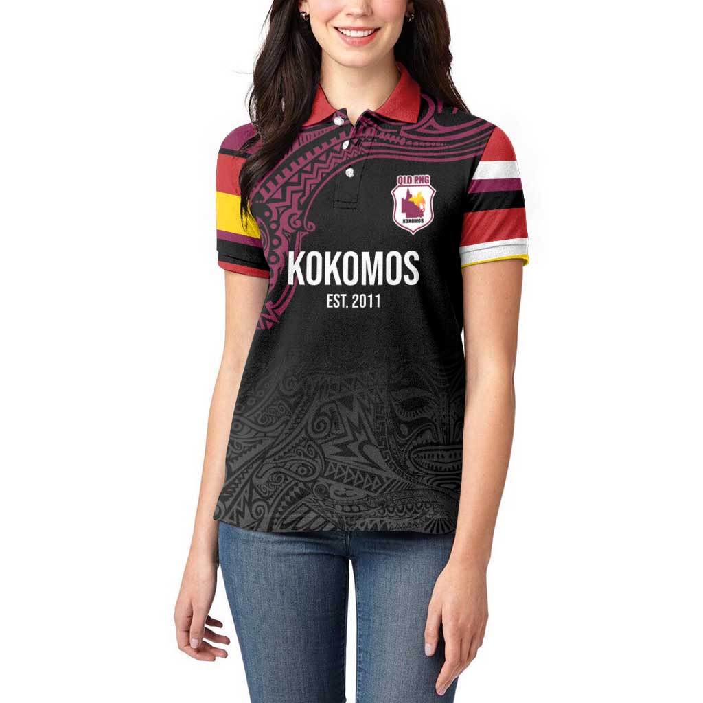 Queensland Papua New Guinea Custom Women Polo Shirt All Black Pacific PNG Tribal Style LT9 - Polynesian Pride