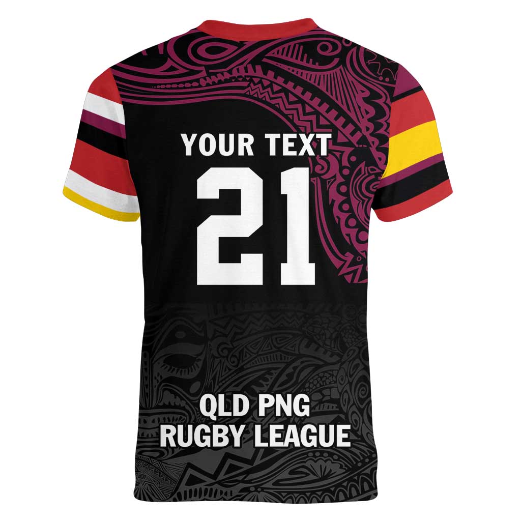 Queensland Papua New Guinea Custom Women V-Neck T-Shirt All Black Pacific PNG Tribal Style LT9 - Polynesian Pride