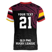 Queensland Papua New Guinea Custom Women V-Neck T-Shirt All Black Pacific PNG Tribal Style LT9 - Polynesian Pride