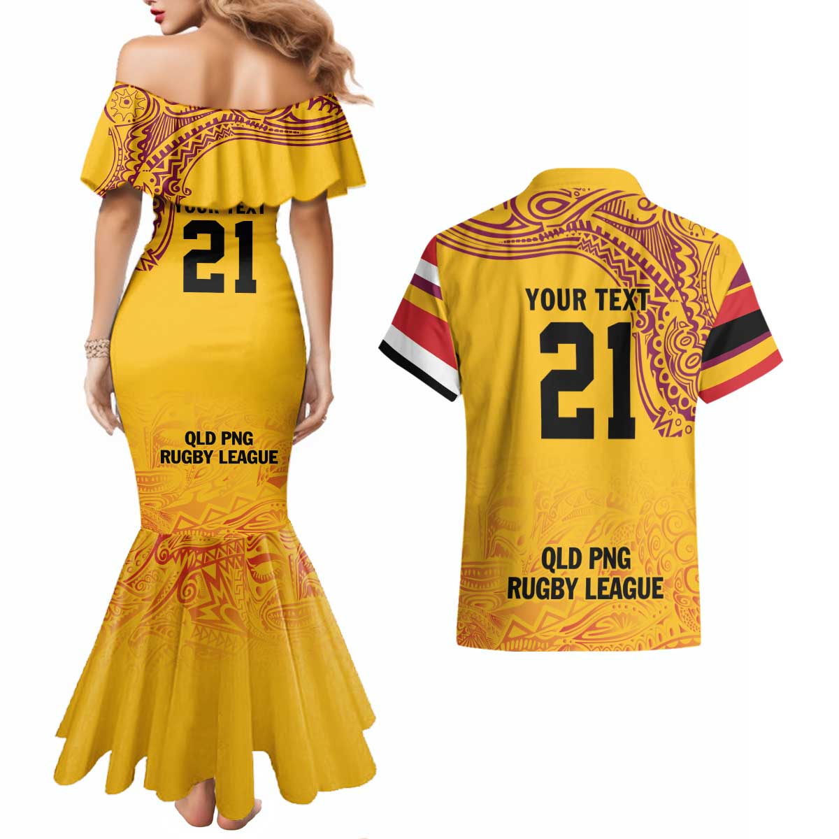 Queensland Papua New Guinea Custom Couples Matching Mermaid Dress and Hawaiian Shirt All Gold Pacific PNG Tribal Style