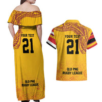 Queensland Papua New Guinea Custom Couples Matching Off Shoulder Maxi Dress and Hawaiian Shirt All Gold Pacific PNG Tribal Style LT9 - Polynesian Pride