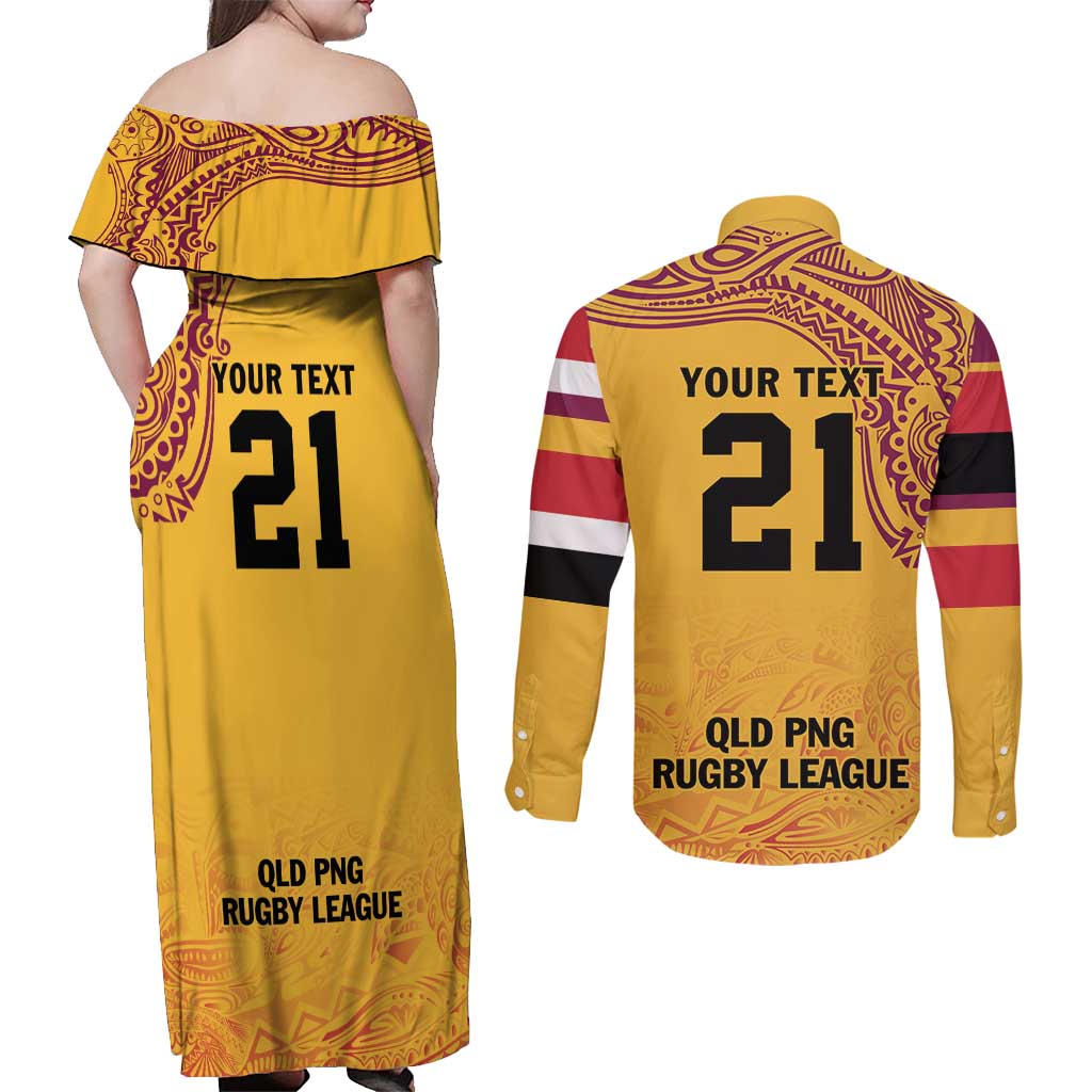 Queensland Papua New Guinea Custom Couples Matching Off Shoulder Maxi Dress and Long Sleeve Button Shirt All Gold Pacific PNG Tribal Style LT9 - Polynesian Pride