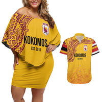Queensland Papua New Guinea Custom Couples Matching Off Shoulder Short Dress and Hawaiian Shirt All Gold Pacific PNG Tribal Style LT9 Gold - Polynesian Pride