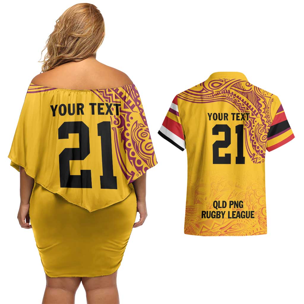 Queensland Papua New Guinea Custom Couples Matching Off Shoulder Short Dress and Hawaiian Shirt All Gold Pacific PNG Tribal Style LT9 - Polynesian Pride
