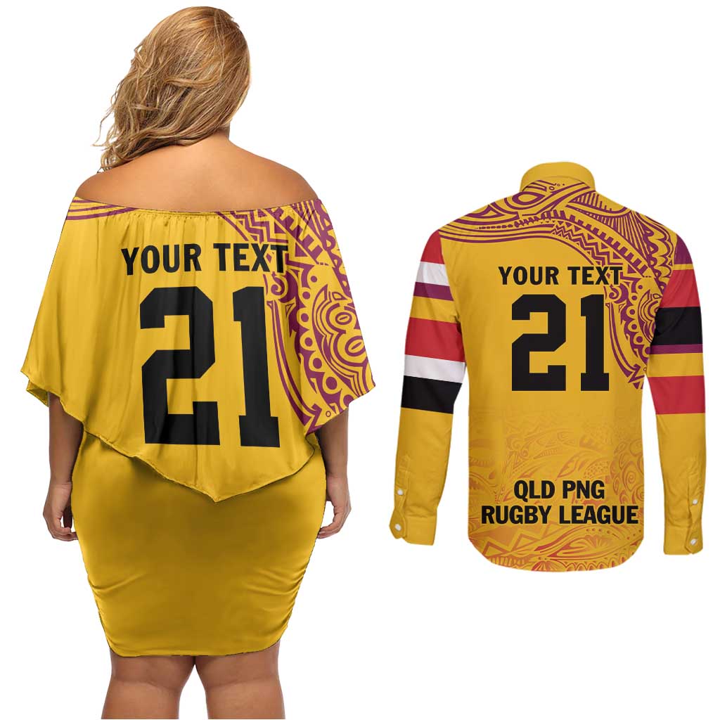 Queensland Papua New Guinea Custom Couples Matching Off Shoulder Short Dress and Long Sleeve Button Shirt All Gold Pacific PNG Tribal Style LT9 - Polynesian Pride