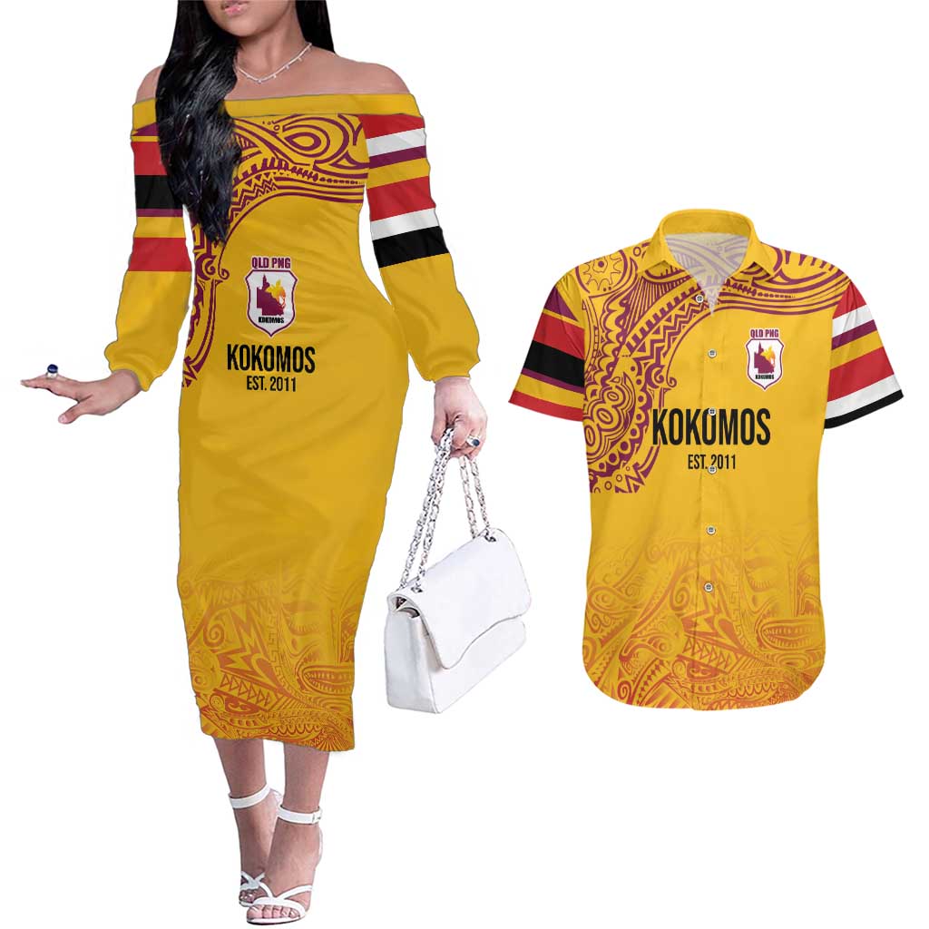 Queensland Papua New Guinea Custom Couples Matching Off The Shoulder Long Sleeve Dress and Hawaiian Shirt All Gold Pacific PNG Tribal Style