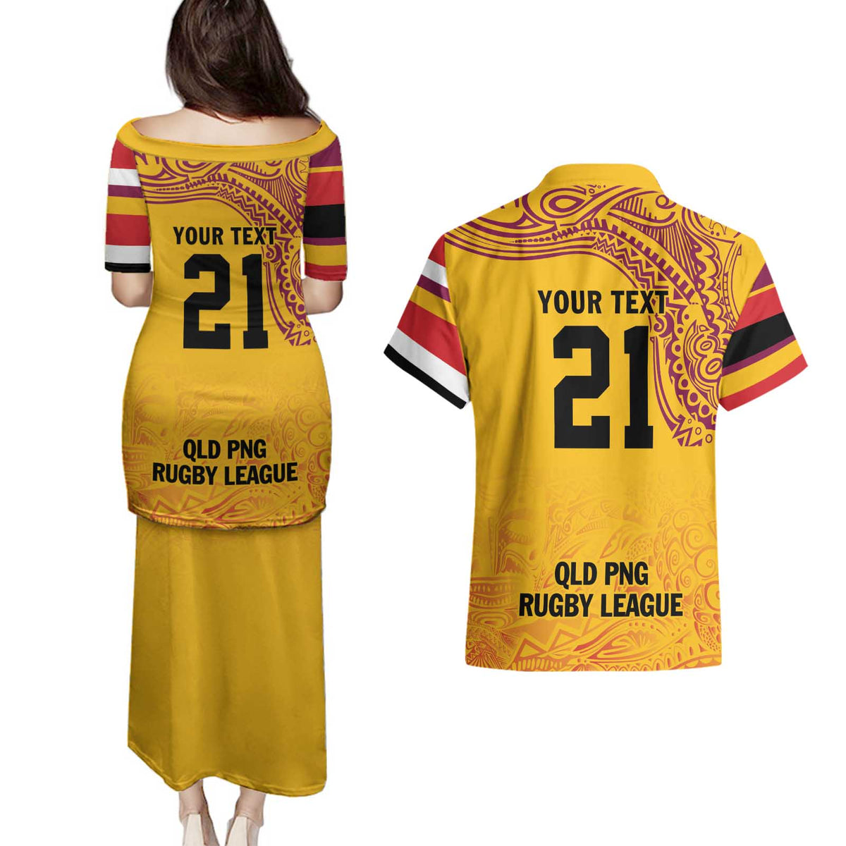 Queensland Papua New Guinea Custom Couples Matching Puletasi and Hawaiian Shirt All Gold Pacific PNG Tribal Style