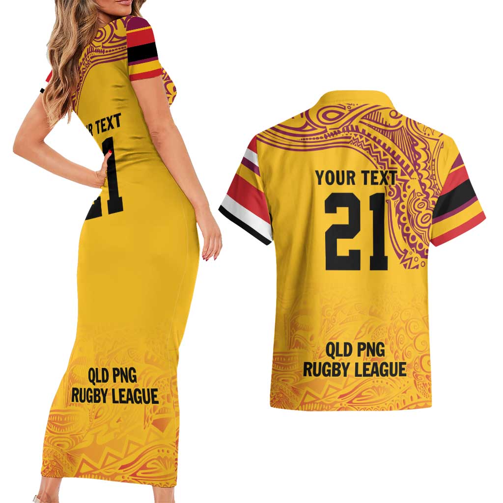 Queensland Papua New Guinea Custom Couples Matching Short Sleeve Bodycon Dress and Hawaiian Shirt All Gold Pacific PNG Tribal Style