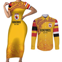 Queensland Papua New Guinea Custom Couples Matching Short Sleeve Bodycon Dress and Long Sleeve Button Shirt All Gold Pacific PNG Tribal Style