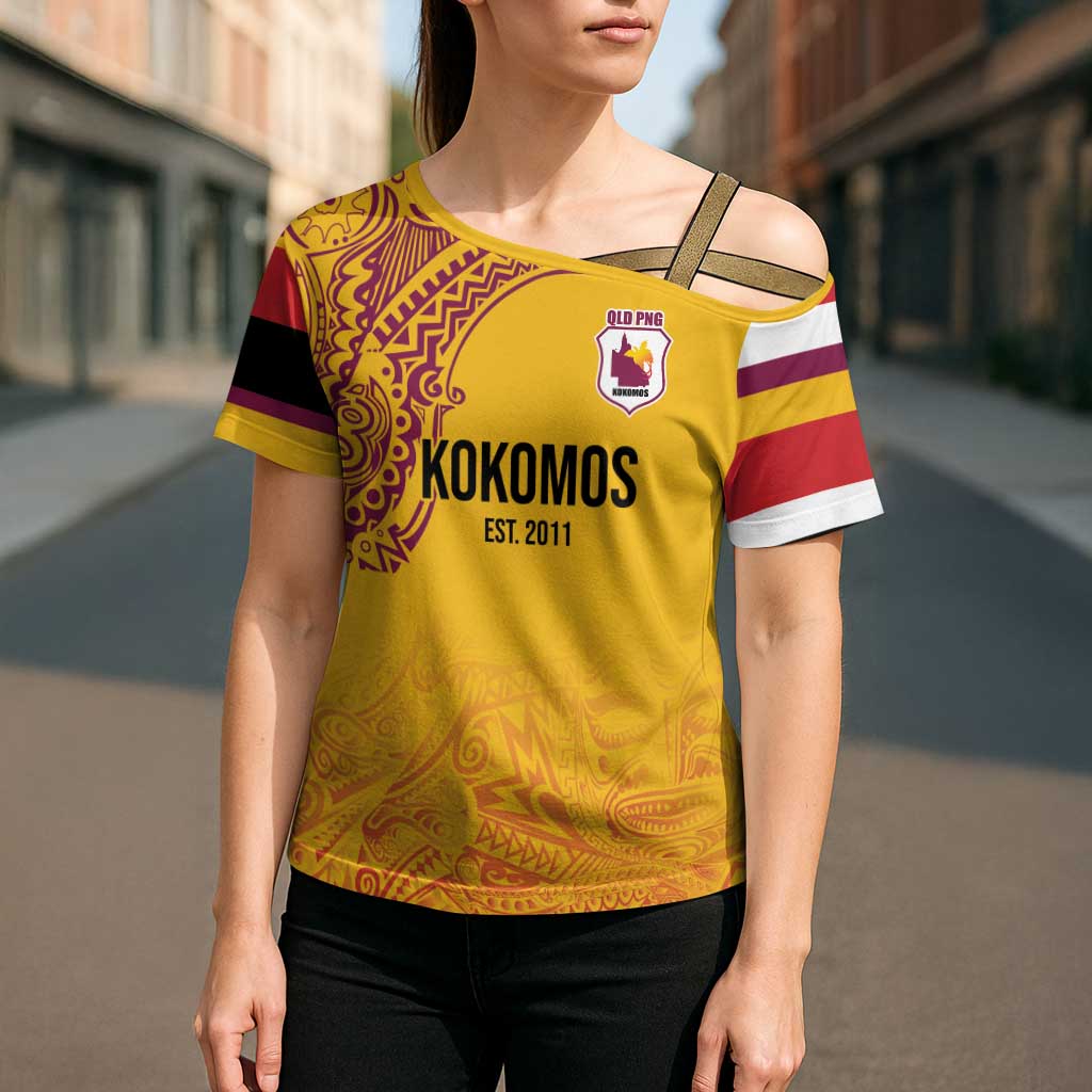 Queensland Papua New Guinea Custom Cross Shoulder Shirt All Gold Pacific PNG Tribal Style - Polynesian Pride