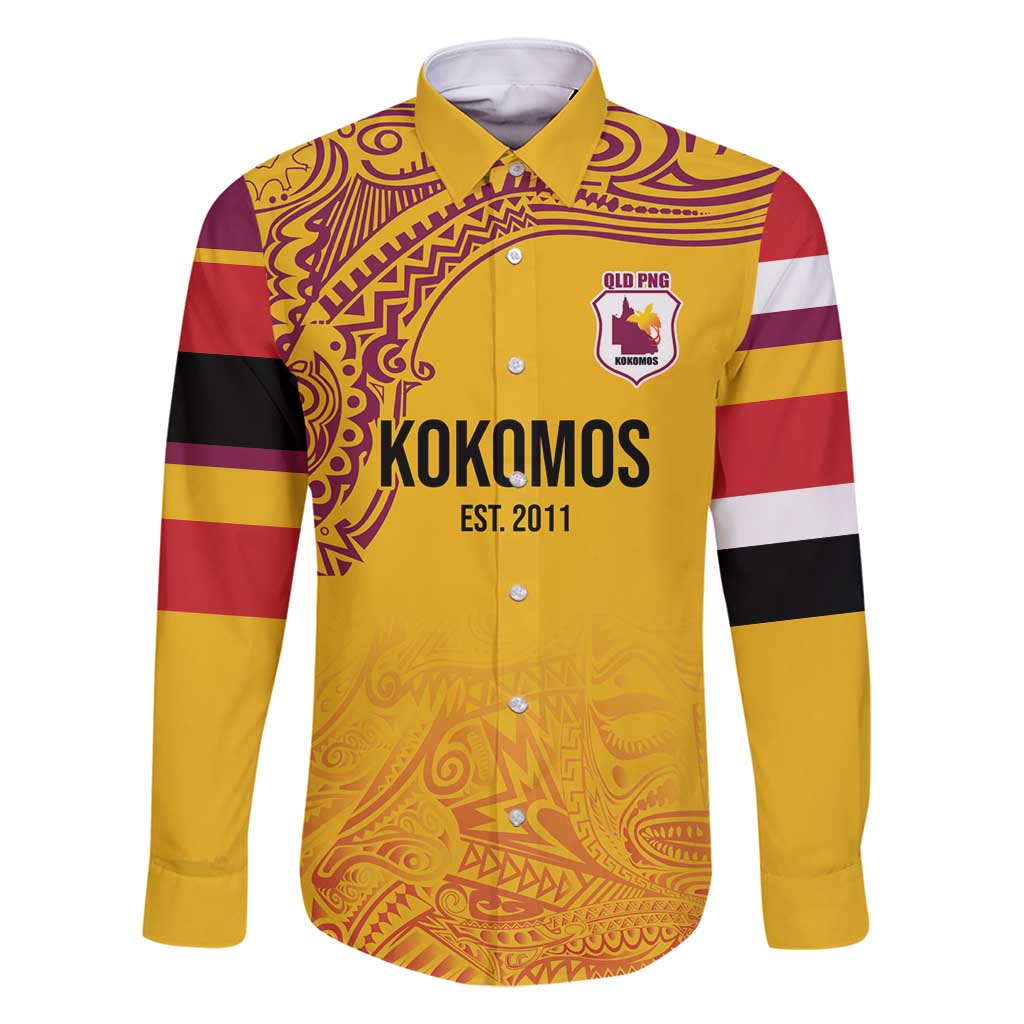 Queensland Papua New Guinea Custom Family Matching Long Sleeve Bodycon Dress and Hawaiian Shirt All Gold Pacific PNG Tribal Style LT9 Dad's Shirt - Long Sleeve Gold - Polynesian Pride