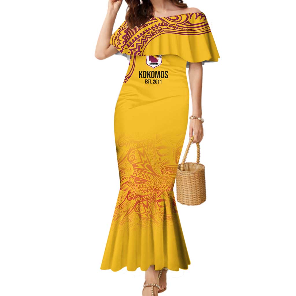 Queensland Papua New Guinea Custom Family Matching Mermaid Dress and Hawaiian Shirt All Gold Pacific PNG Tribal Style LT9 Mom's Dress Gold - Polynesian Pride