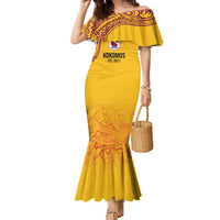 Queensland Papua New Guinea Custom Family Matching Mermaid Dress and Hawaiian Shirt All Gold Pacific PNG Tribal Style LT9 Mom's Dress Gold - Polynesian Pride
