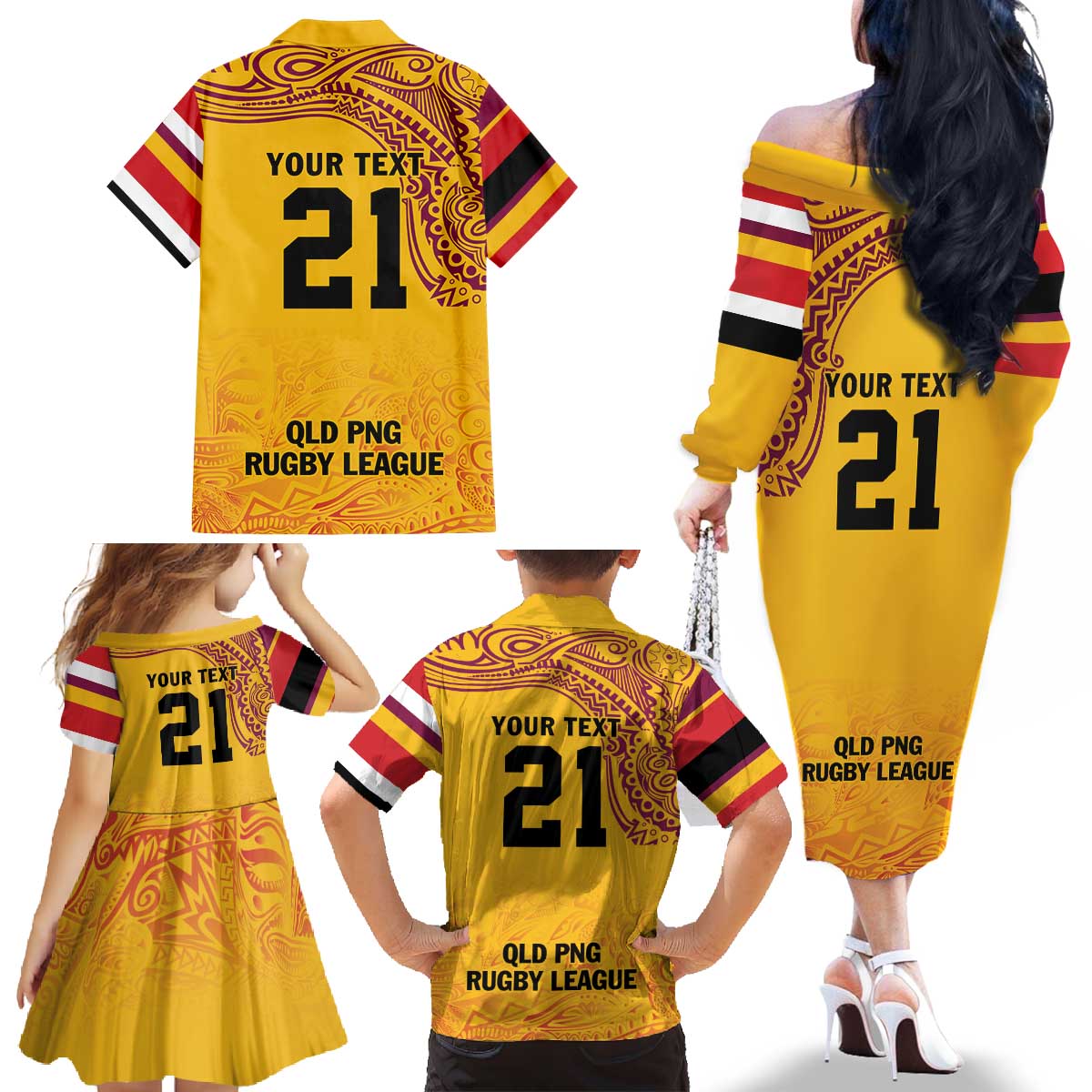 Queensland Papua New Guinea Custom Family Matching Off The Shoulder Long Sleeve Dress and Hawaiian Shirt All Gold Pacific PNG Tribal Style