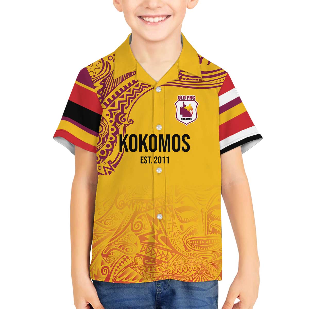 Queensland Papua New Guinea Custom Family Matching Off The Shoulder Long Sleeve Dress and Hawaiian Shirt All Gold Pacific PNG Tribal Style