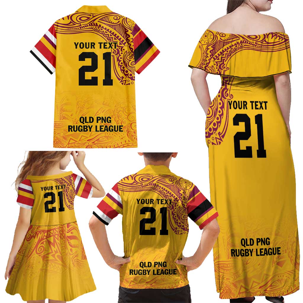 Queensland Papua New Guinea Custom Family Matching Off Shoulder Maxi Dress and Hawaiian Shirt All Gold Pacific PNG Tribal Style