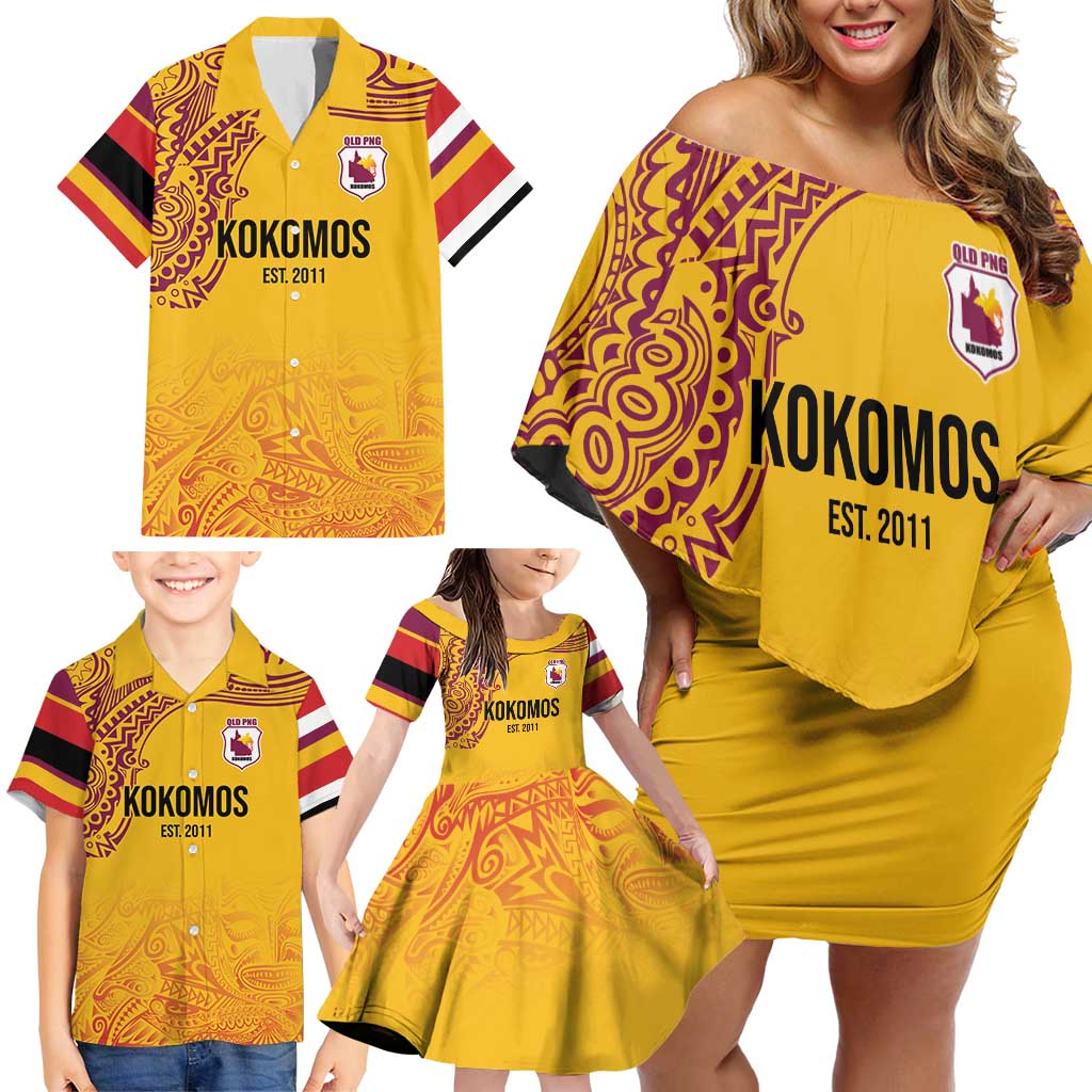 Queensland Papua New Guinea Custom Family Matching Off Shoulder Short Dress and Hawaiian Shirt All Gold Pacific PNG Tribal Style