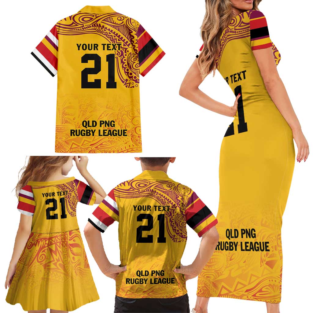 Queensland Papua New Guinea Custom Family Matching Short Sleeve Bodycon Dress and Hawaiian Shirt All Gold Pacific PNG Tribal Style LT9 - Polynesian Pride