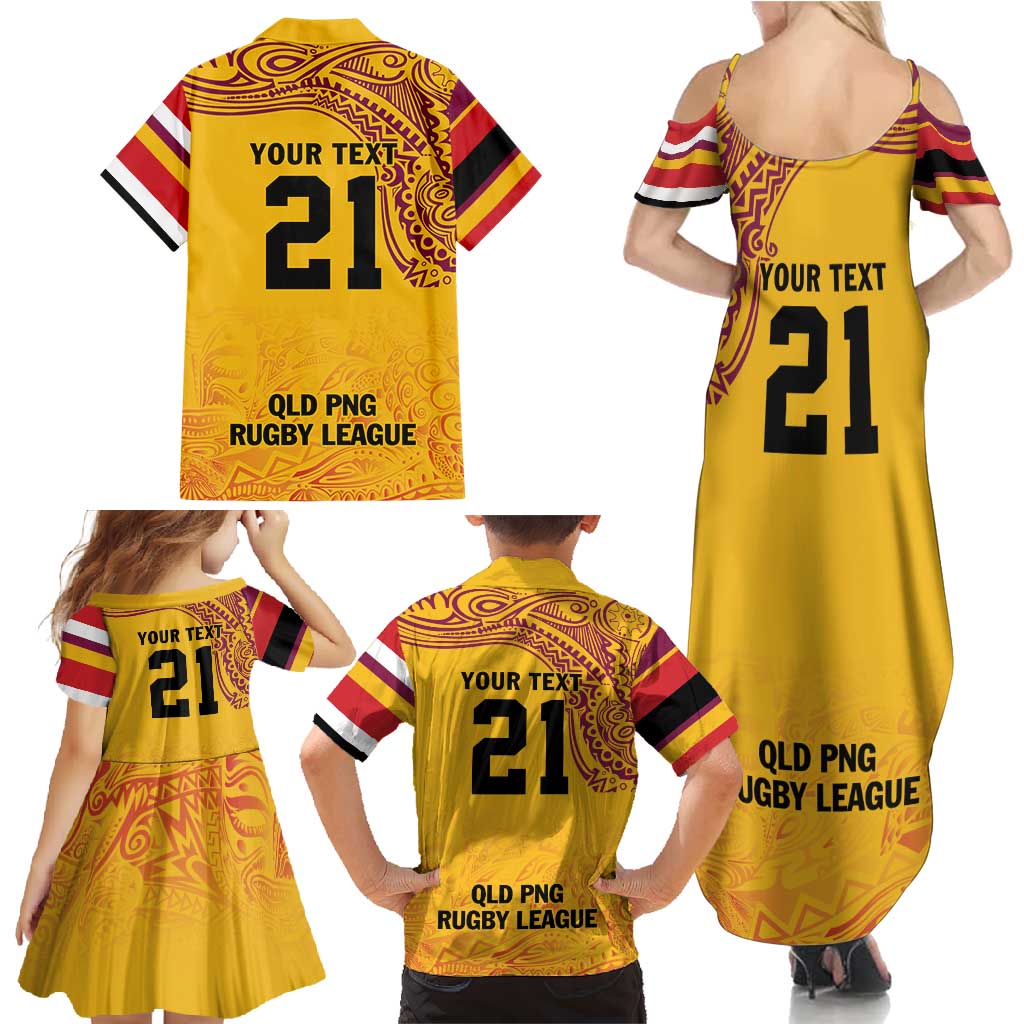 Queensland Papua New Guinea Custom Family Matching Summer Maxi Dress and Hawaiian Shirt All Gold Pacific PNG Tribal Style